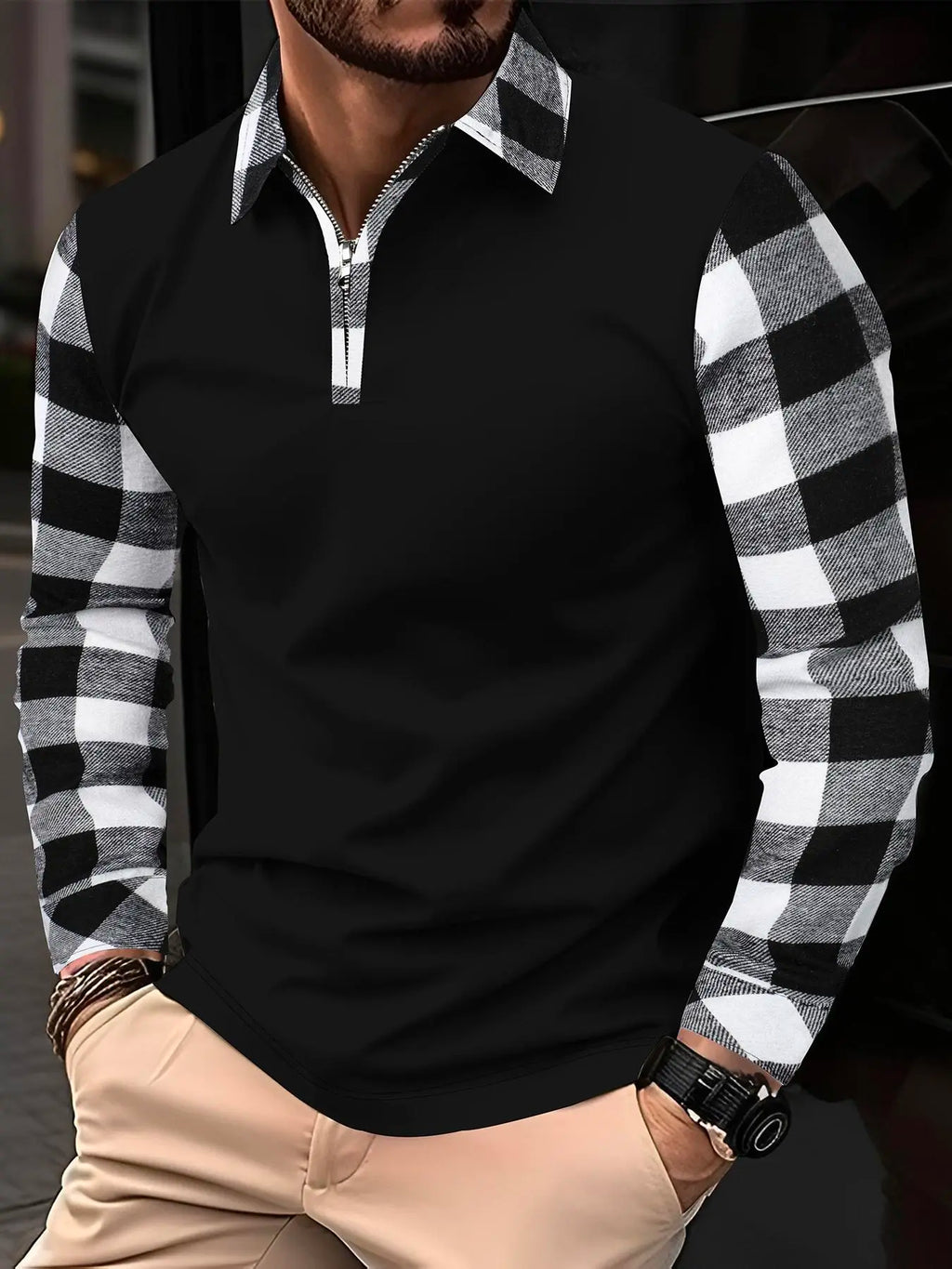 Men's Buffalo Plaid Half Zip Polo Shirt – Color Block Long Sleeve Casual Top