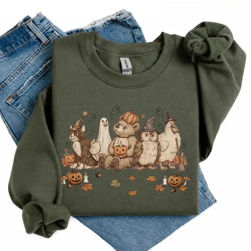 Cute Halloween Animal Friends T-Shirt, Sweatshirt & Hoodie – Vintage Spooky Bear, Cat & Ghost Graphic Print