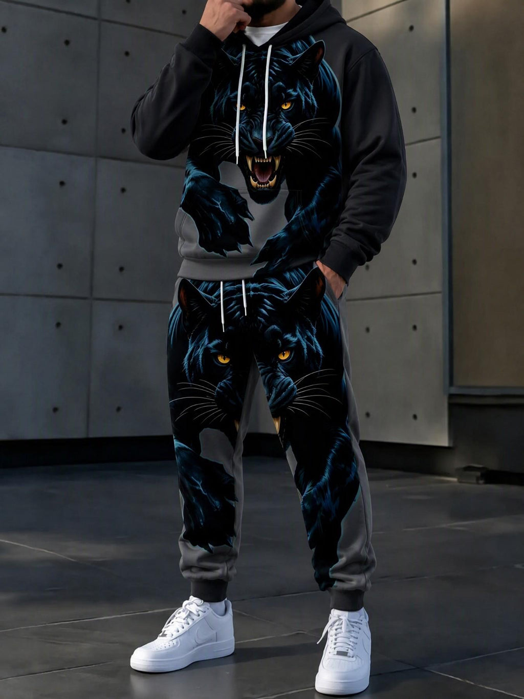 Men's Black Panther Graphic Hoodie & Jogger Pants Set – Bold Streetwear Tracksuit