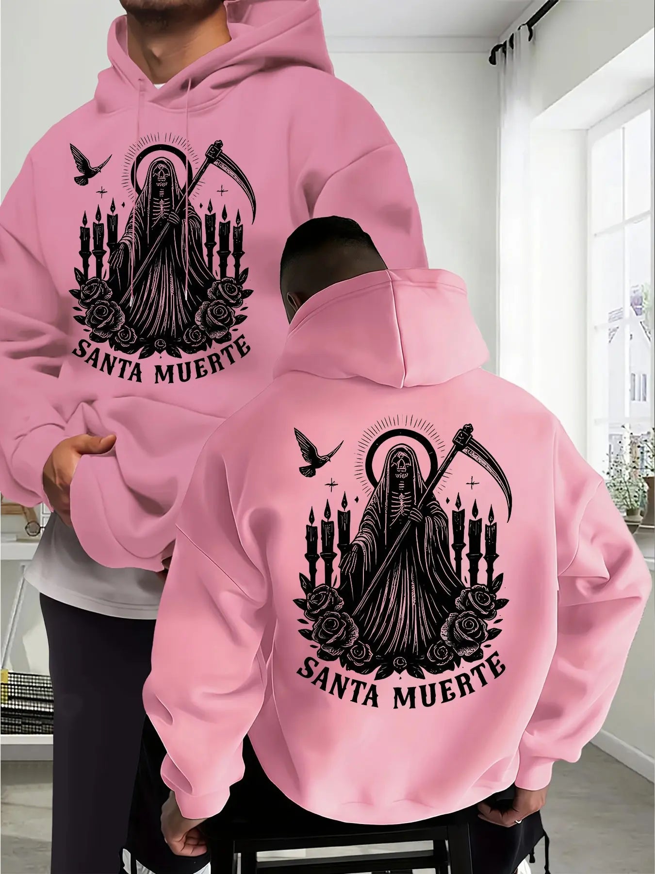 Santa Muerte Gothic Hoodie/Sweatshirt/T-shirt – Skull Rose & Scythe Front Back Graphic Pullover Sweatshirt