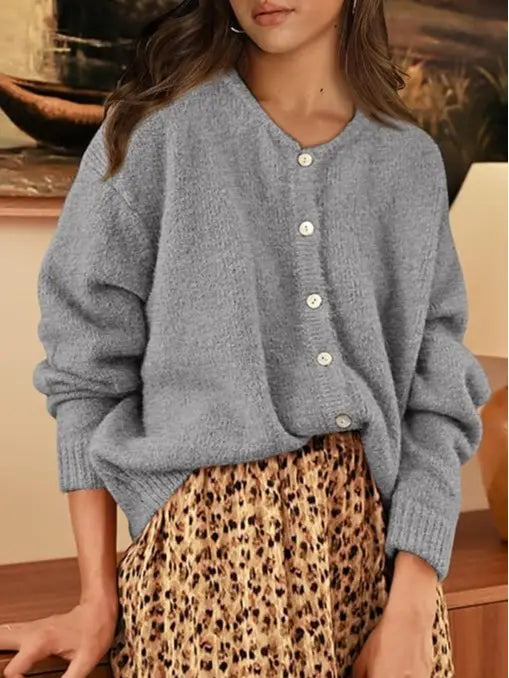Women’s Button Front Knit Cardigan – Crewneck Long Sleeve Relaxed Fit Chunky Sweater