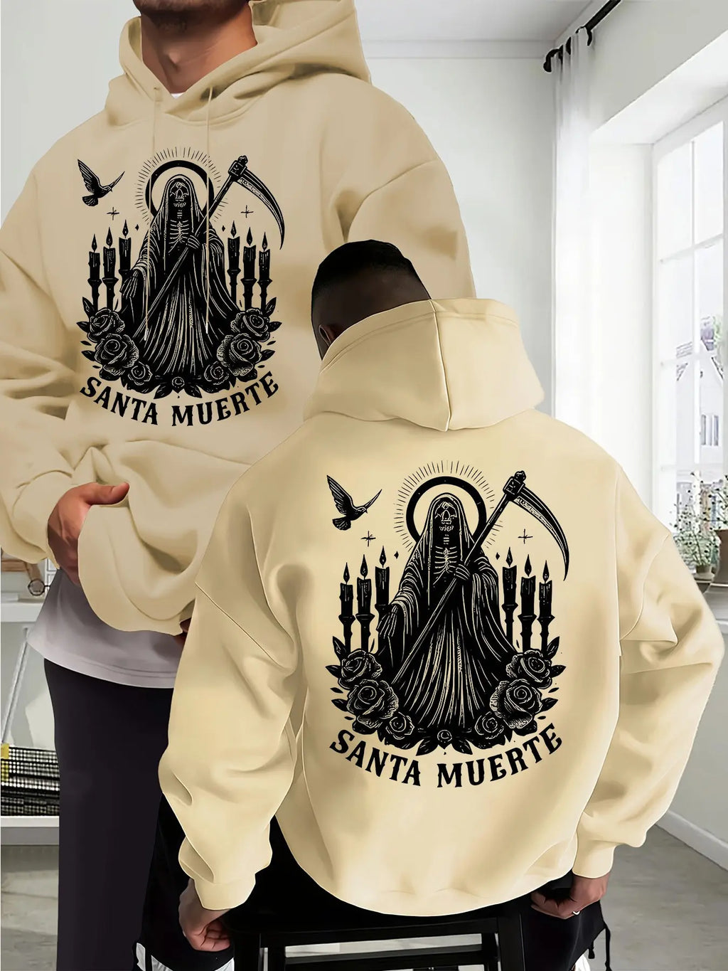 Santa Muerte Gothic Hoodie/Sweatshirt/T-shirt – Skull Rose & Scythe Front Back Graphic Pullover Sweatshirt