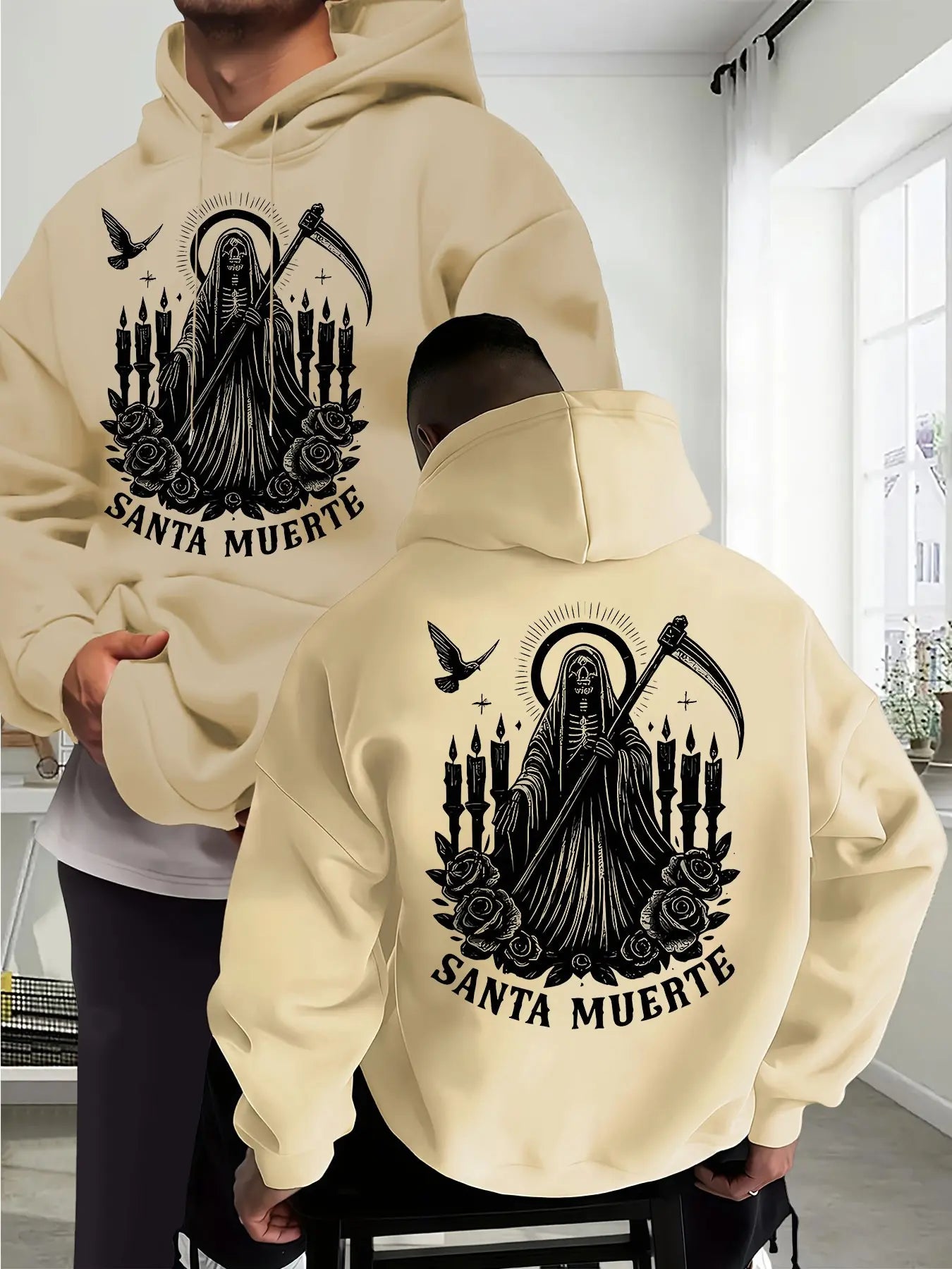 Santa Muerte Gothic Hoodie/Sweatshirt/T-shirt – Skull Rose & Scythe Front Back Graphic Pullover Sweatshirt
