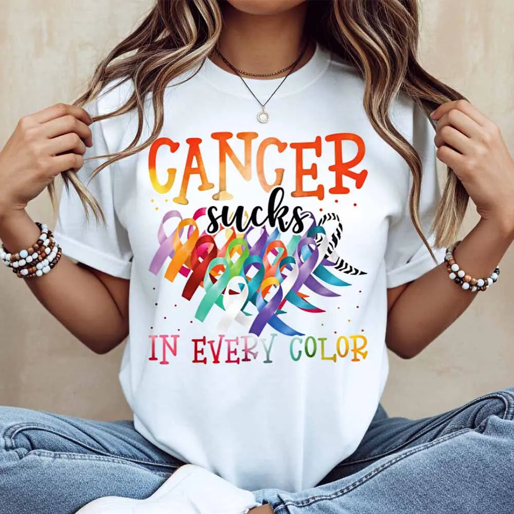 Cancer Sucks In Every Color T-Shirt/Sweatshirt/Hoodie – Multicolor Cancer Awareness Ribbon Graphic Tee