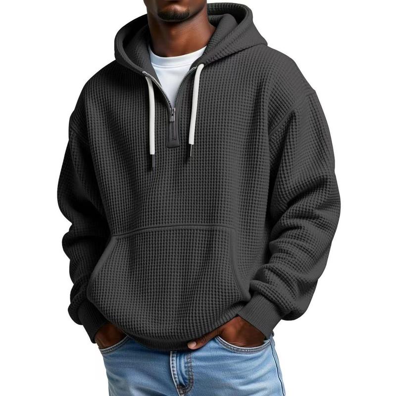 Men’s Waffle Knit Half-Zip Hoodie – Casual Textured Pullover with Kangaroo Pocket & Drawstring
