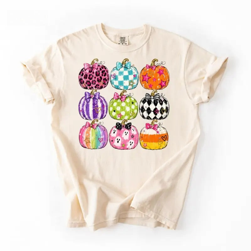 Coquette Halloween Pumpkin T-Shirt/Sweatshirt/Hoodie – Colorful Bow Graphic Vintage Washed Tee
