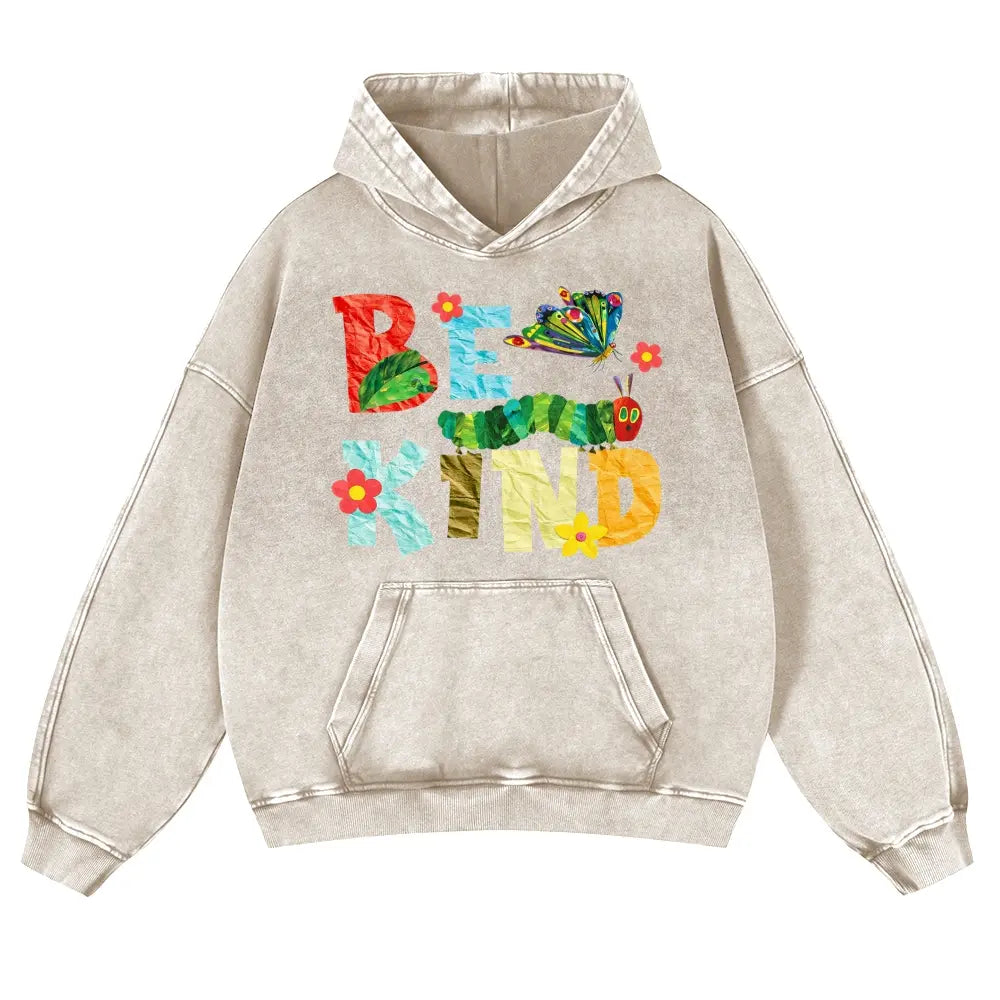 Be Kind Caterpillar Graphic T-Shirt, Sweatshirt & Hoodie – Colorful Butterfly & Flower Collage Print, Positive Kindness Quote, Retro Cute Casual Graphic Top