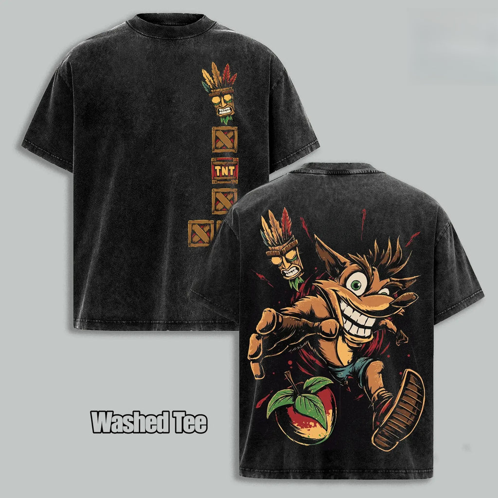 Crash Bandicoot Vintage Washed T-Shirt/Sweatshirt/Hoodie – Aku Aku Front & Back Graphic Tee, Retro Gaming Streetwear