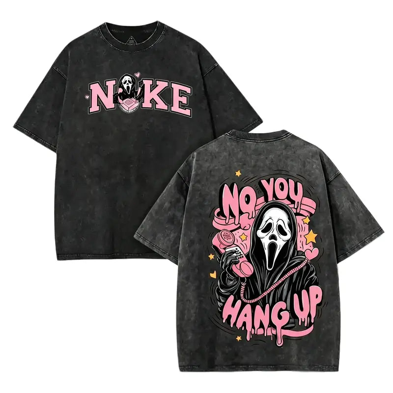 No You Hang Up Horror T-Shirt/Sweatshirt/Hoodie – Vintage Washed Pink Ghost Graphic Front & Back Tee