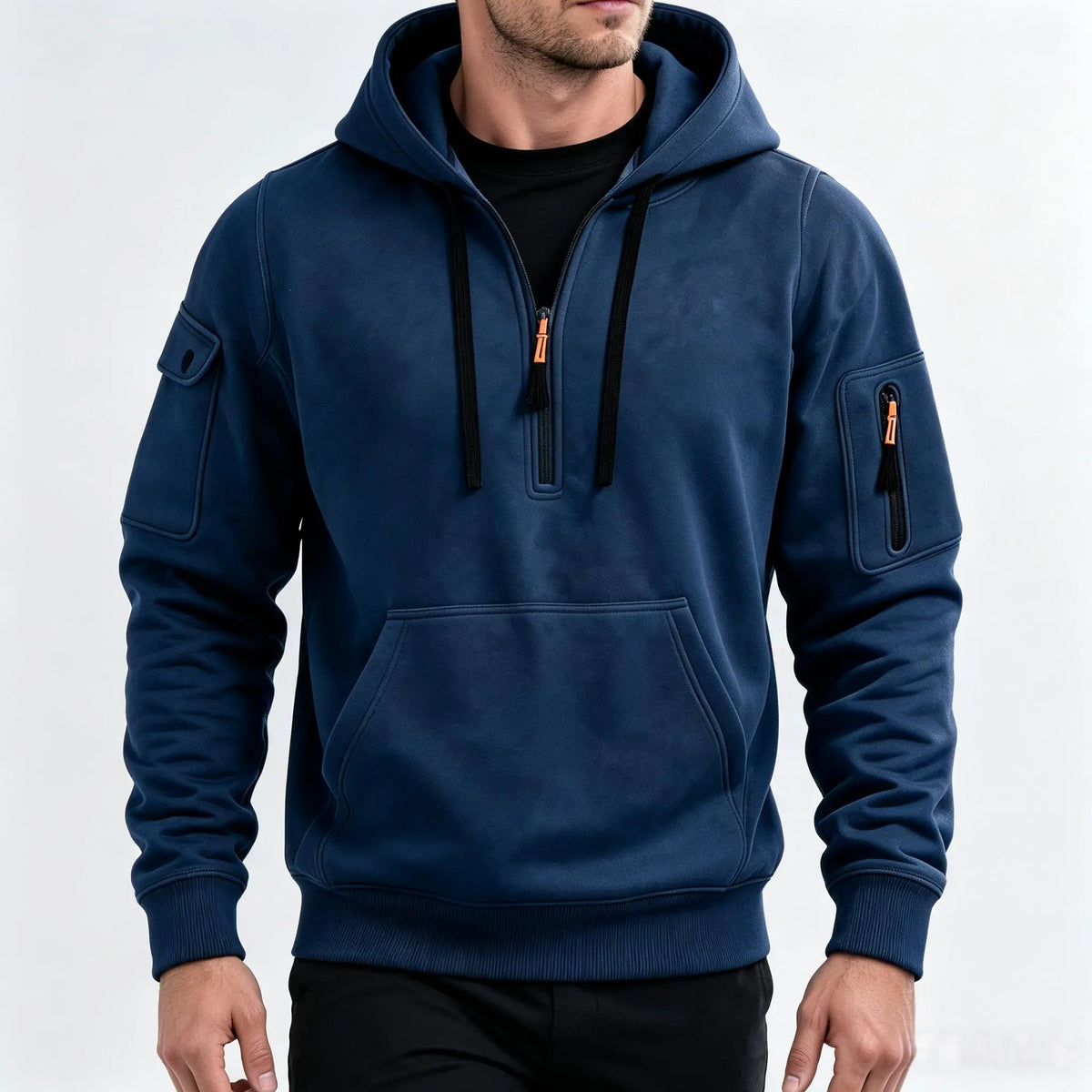 Men’s Fleece-Lined Utility Half-Zip Hoodie – Warm Workwear Pullover with Sleeve & Kangaroo Pockets