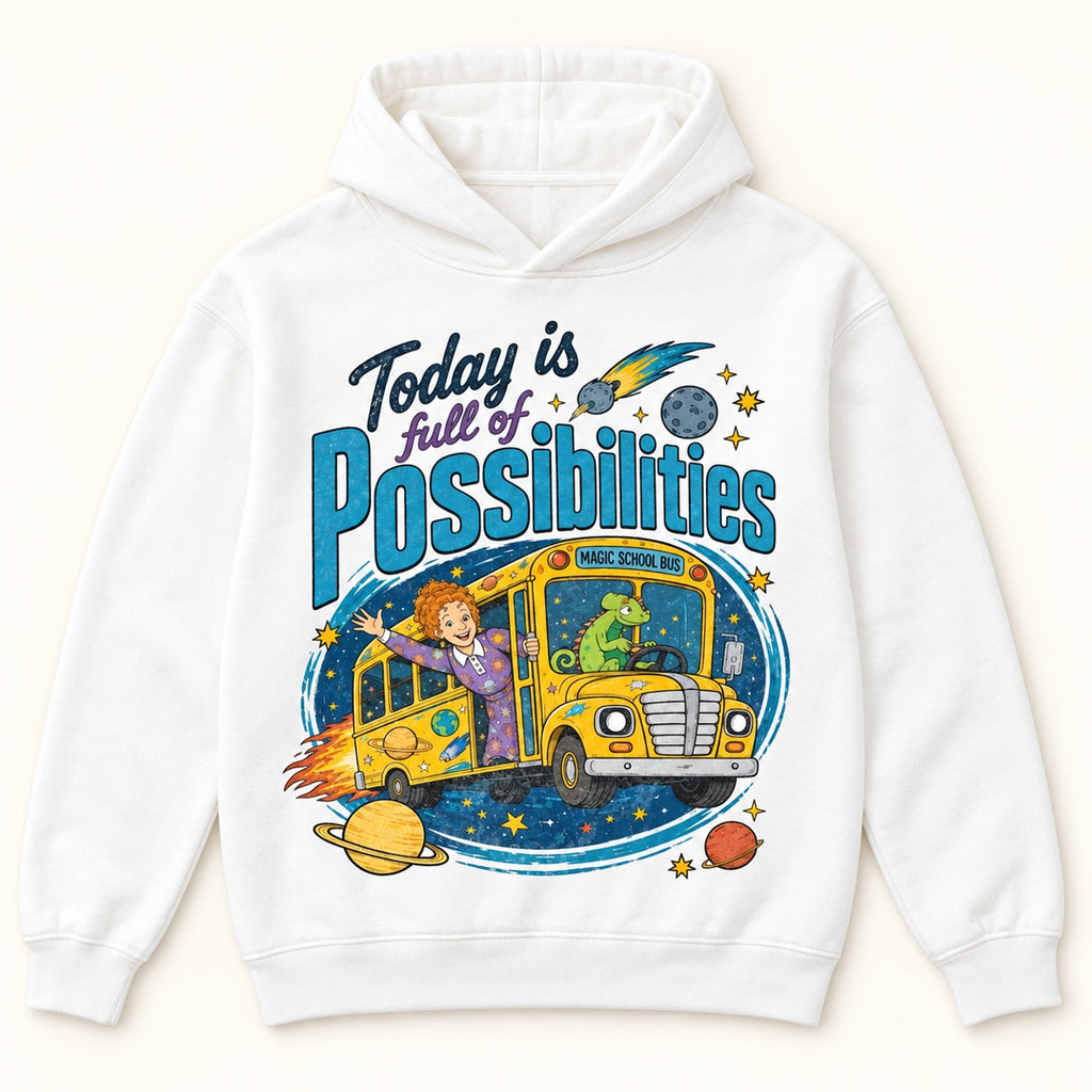Magic School Bus Today Is Full of Possibilities Graphic T-Shirt, Sweatshirt & Hoodie – Retro 90s Teacher Cartoon Print