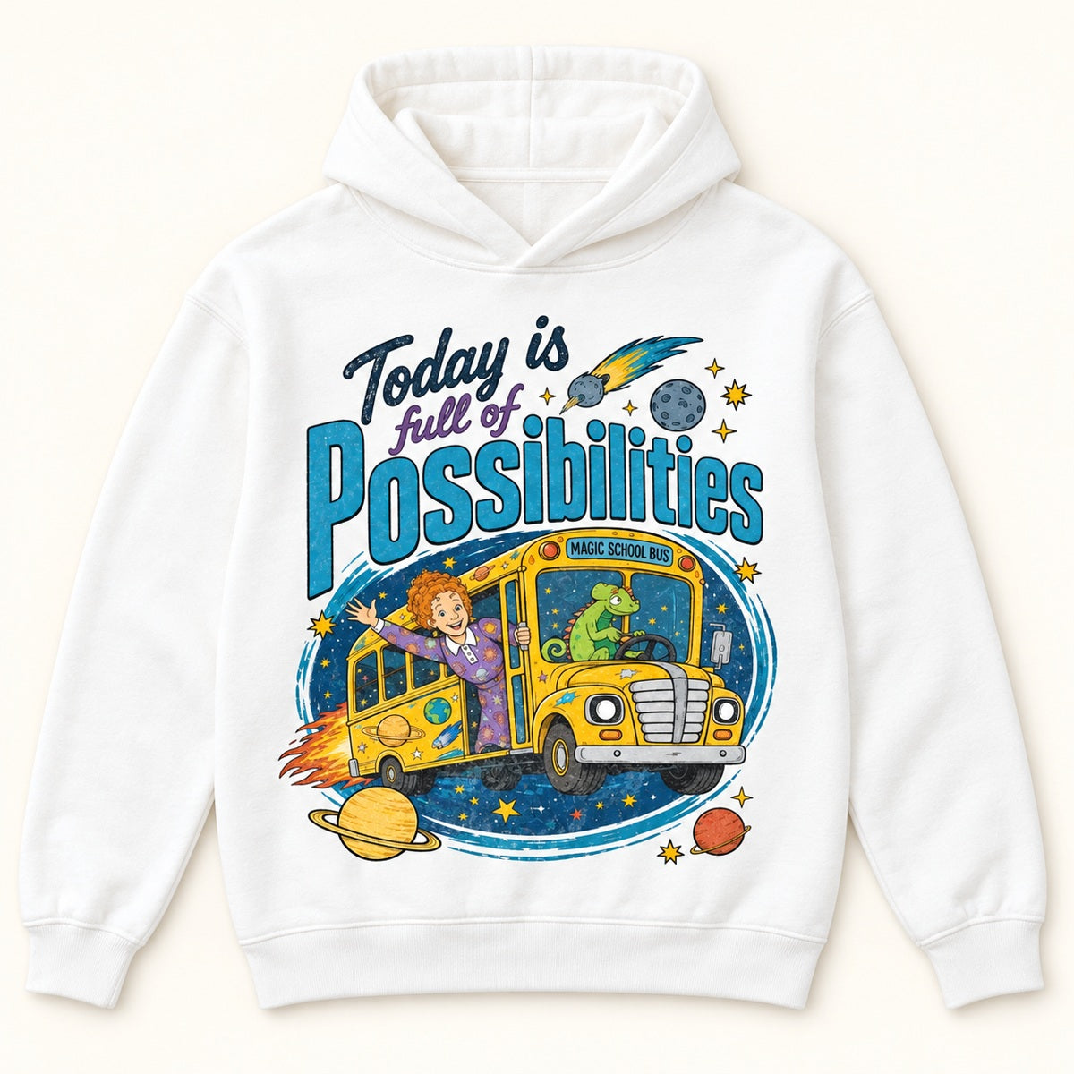 Magic School Bus Today Is Full of Possibilities Graphic T-Shirt, Sweatshirt & Hoodie – Retro 90s Teacher Cartoon Print