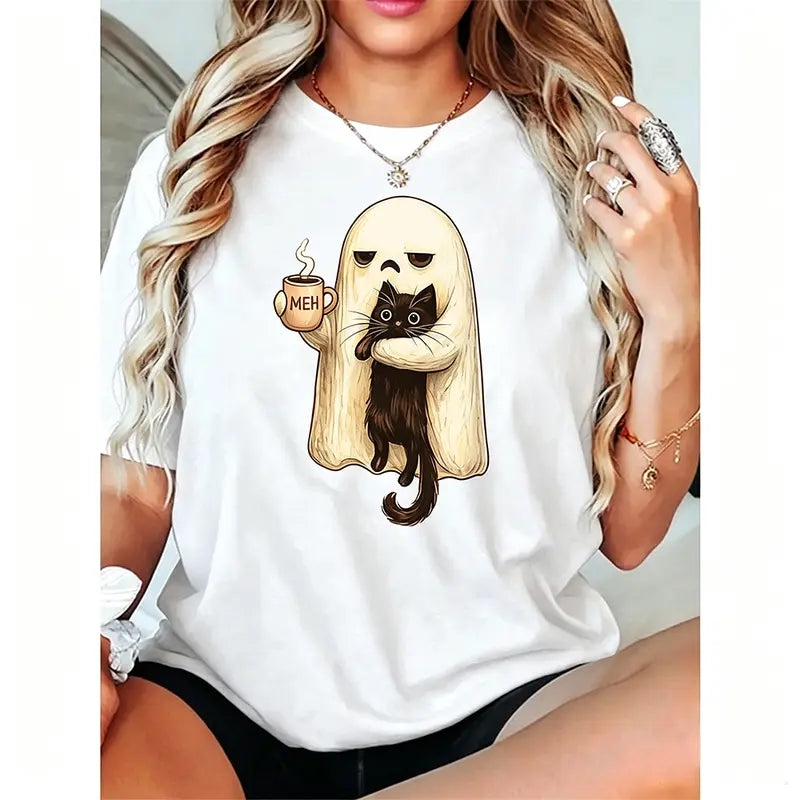 Meh Ghost Cat Halloween T-Shirt/Sweatshirt/Hoodie – Funny Black Cat Coffee Spooky Graphic Tee
