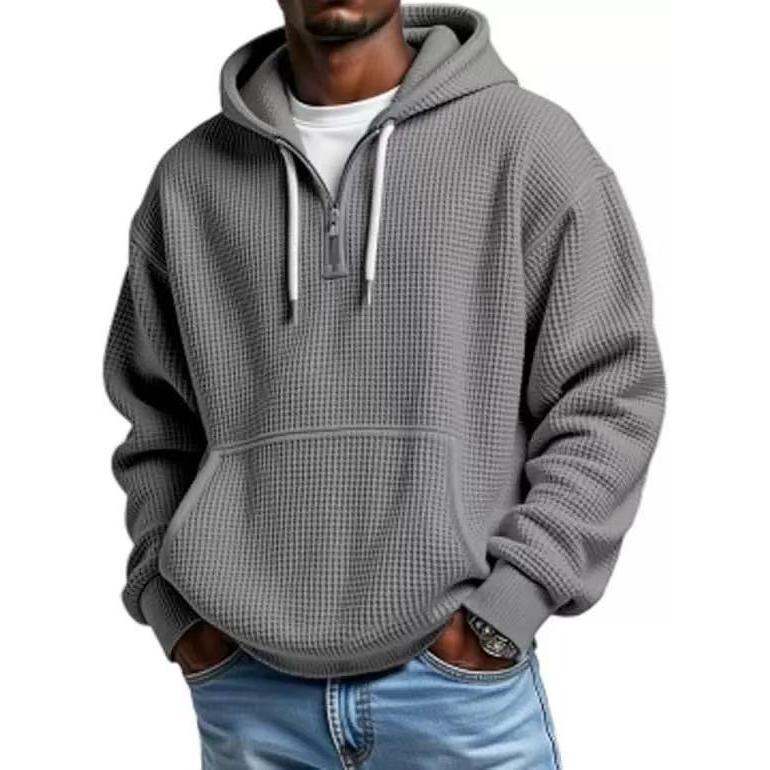 Men’s Waffle Knit Half-Zip Hoodie – Casual Textured Pullover with Kangaroo Pocket & Drawstring