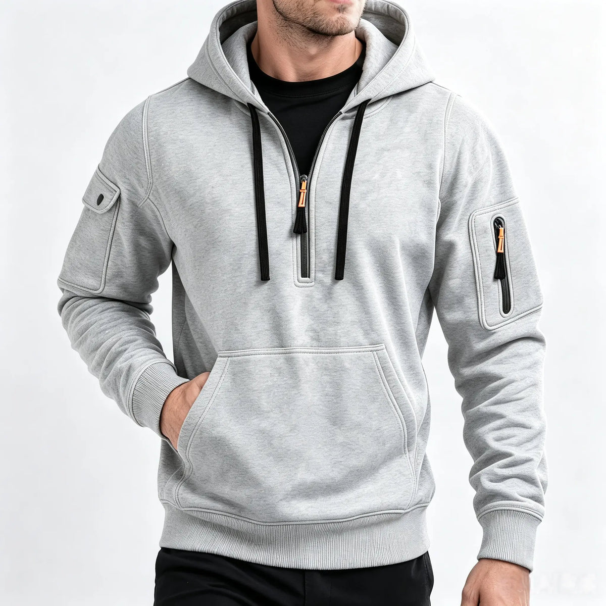 Men’s Fleece-Lined Utility Half-Zip Hoodie – Warm Workwear Pullover with Sleeve & Kangaroo Pockets