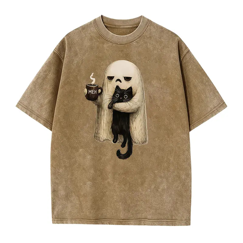 Meh Ghost Cat Halloween T-Shirt/Sweatshirt/Hoodie – Funny Black Cat Coffee Spooky Graphic Tee