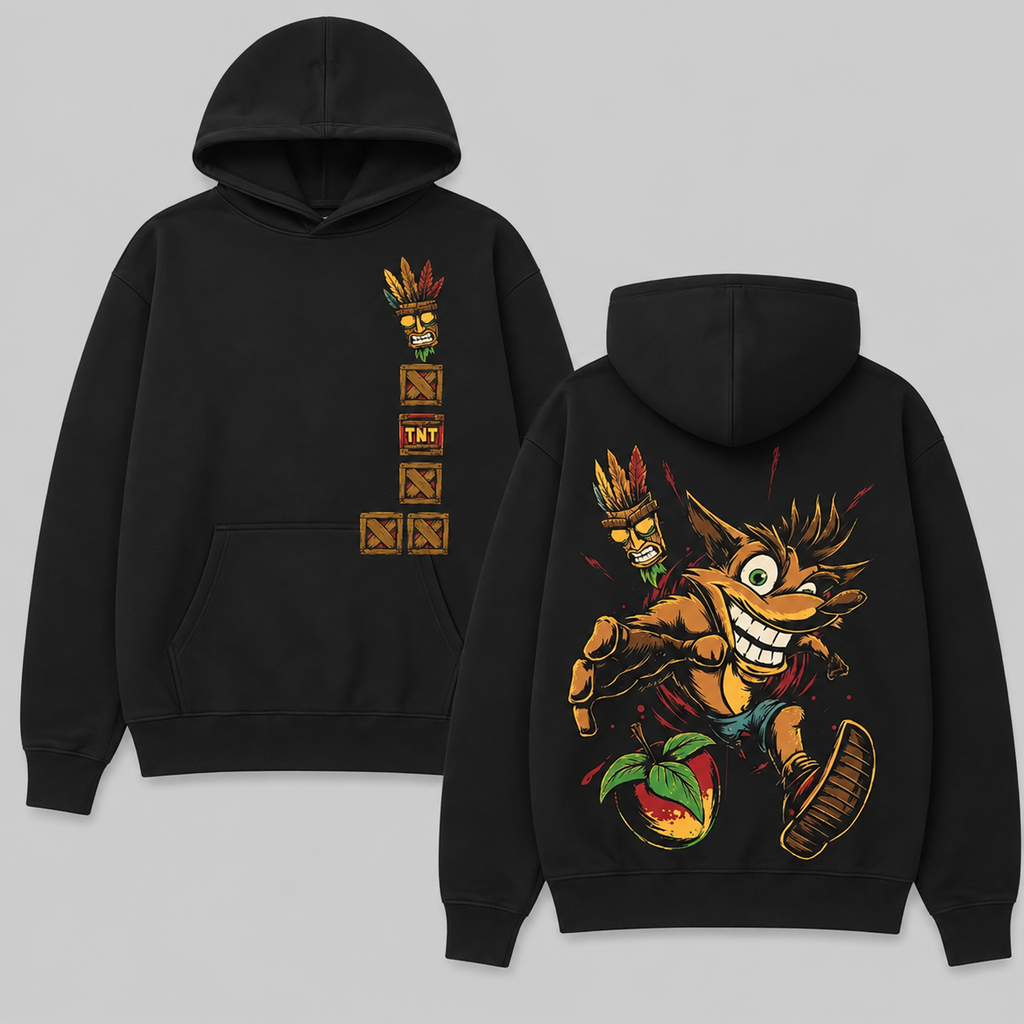 Crash Bandicoot Vintage Washed T-Shirt/Sweatshirt/Hoodie – Aku Aku Front & Back Graphic Tee, Retro Gaming Streetwear