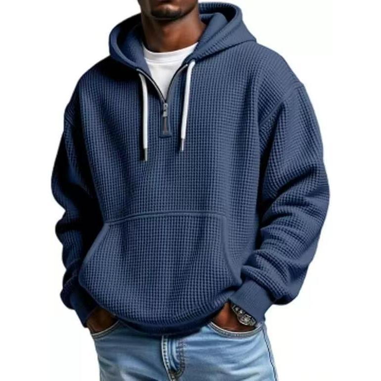 Men’s Waffle Knit Half-Zip Hoodie – Casual Textured Pullover with Kangaroo Pocket & Drawstring