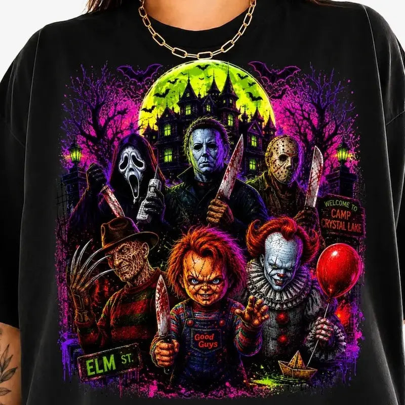 Neon Horror Halloween Graphic T-Shirt/Sweatshirt/Hoodie– Scary Movie Characters Spooky Season Tee