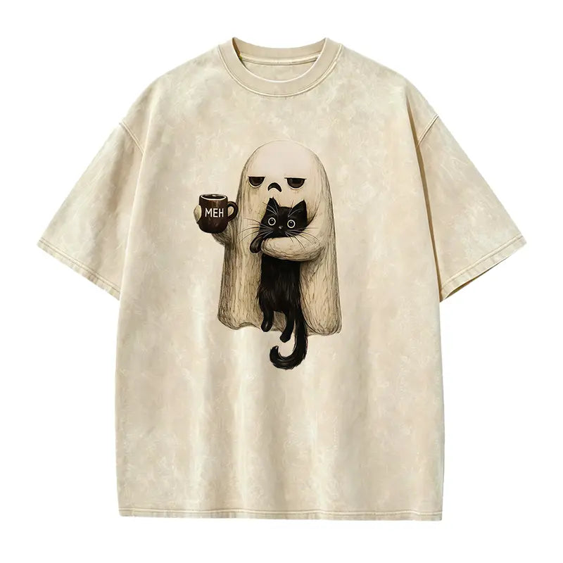 Meh Ghost Cat Halloween T-Shirt/Sweatshirt/Hoodie – Funny Black Cat Coffee Spooky Graphic Tee