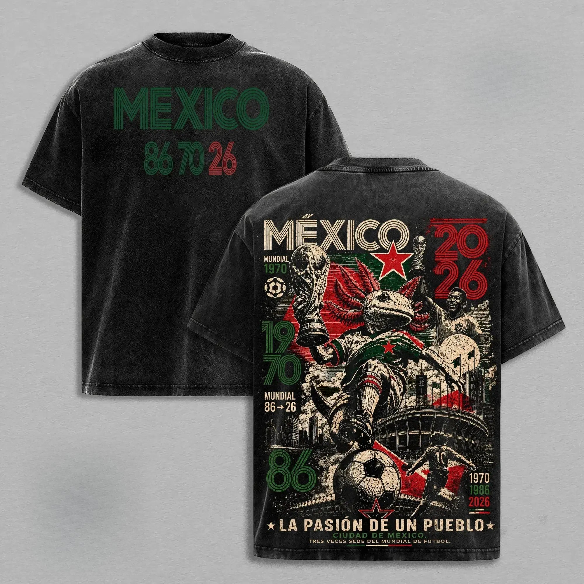 Mexico 1970 1986 2026 Soccer T-Shirt/Sweatshirt/Hoodie – Retro Axolotl Futbol Graphic Tee, Mexico Football Fan Streetwear