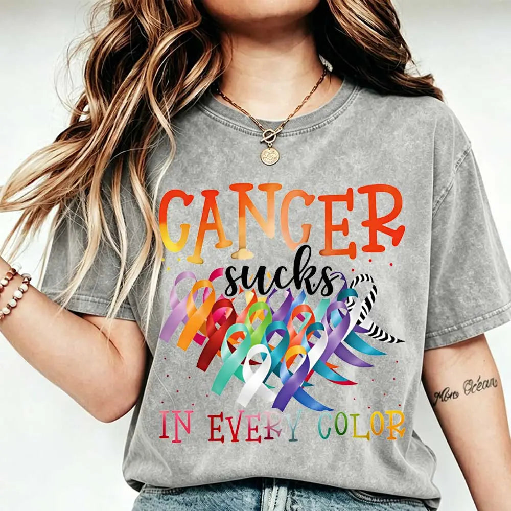 Cancer Sucks In Every Color T-Shirt/Sweatshirt/Hoodie – Multicolor Cancer Awareness Ribbon Graphic Tee