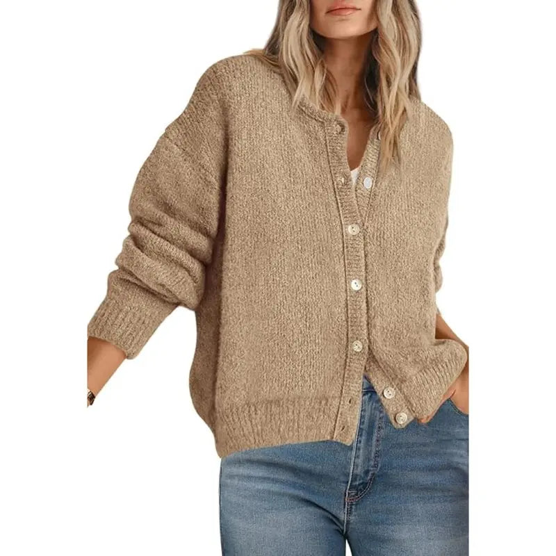 Women’s Button Front Knit Cardigan – Crewneck Long Sleeve Relaxed Fit Chunky Sweater