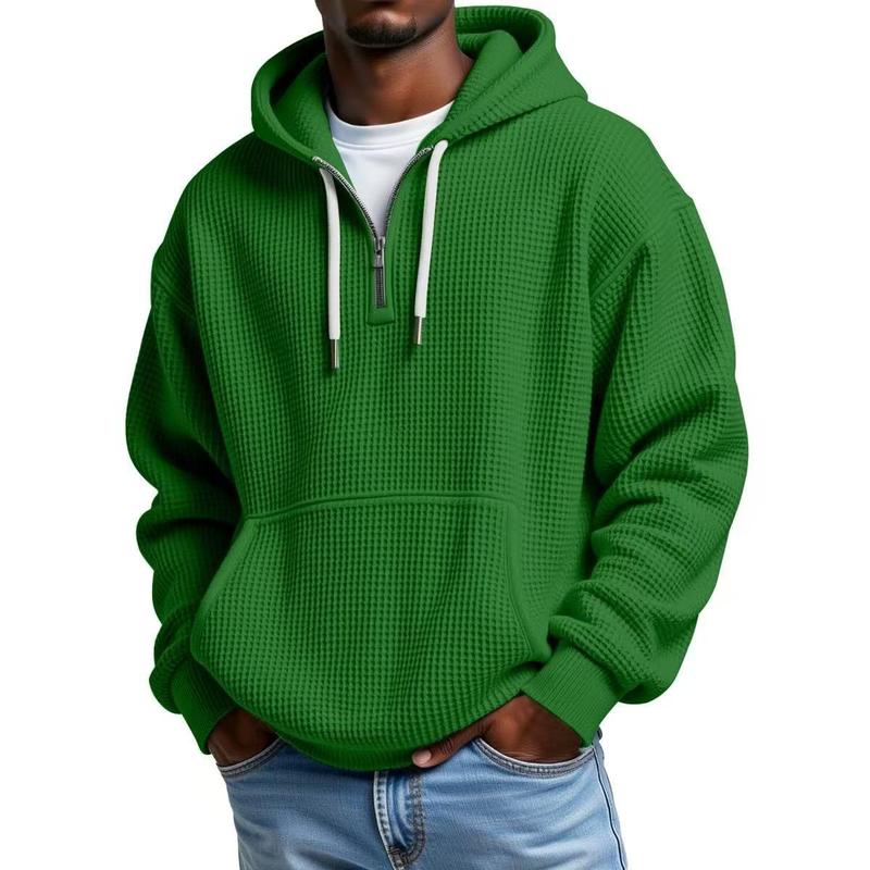 Men’s Waffle Knit Half-Zip Hoodie – Casual Textured Pullover with Kangaroo Pocket & Drawstring