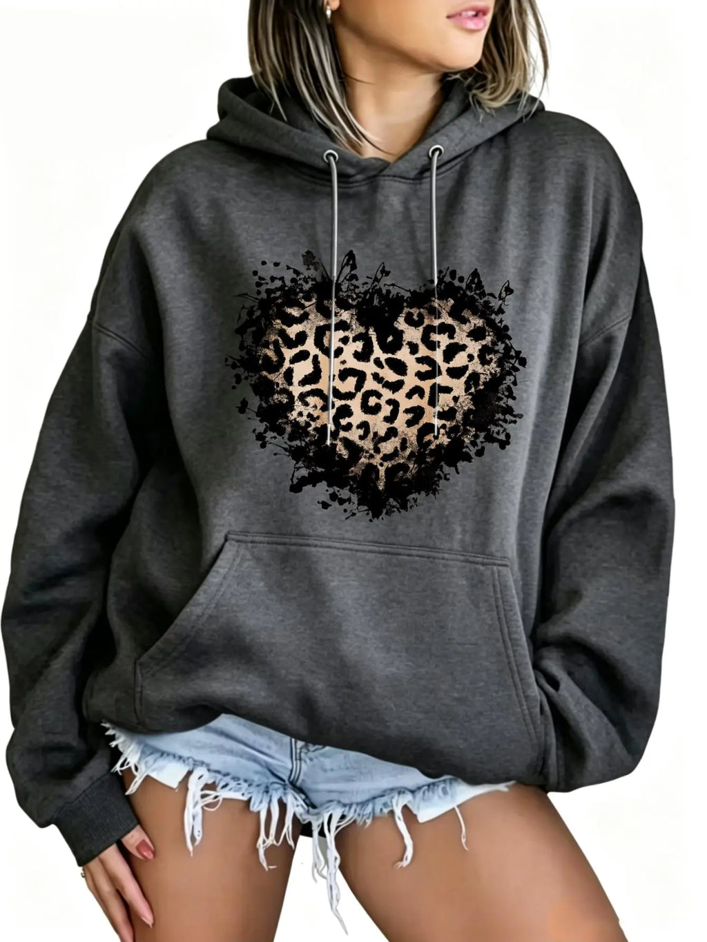 Women’s Leopard Heart Hoodie/Sweatshirt/T-shirt – Distressed Graphic Casual Pullover Sweatshirt