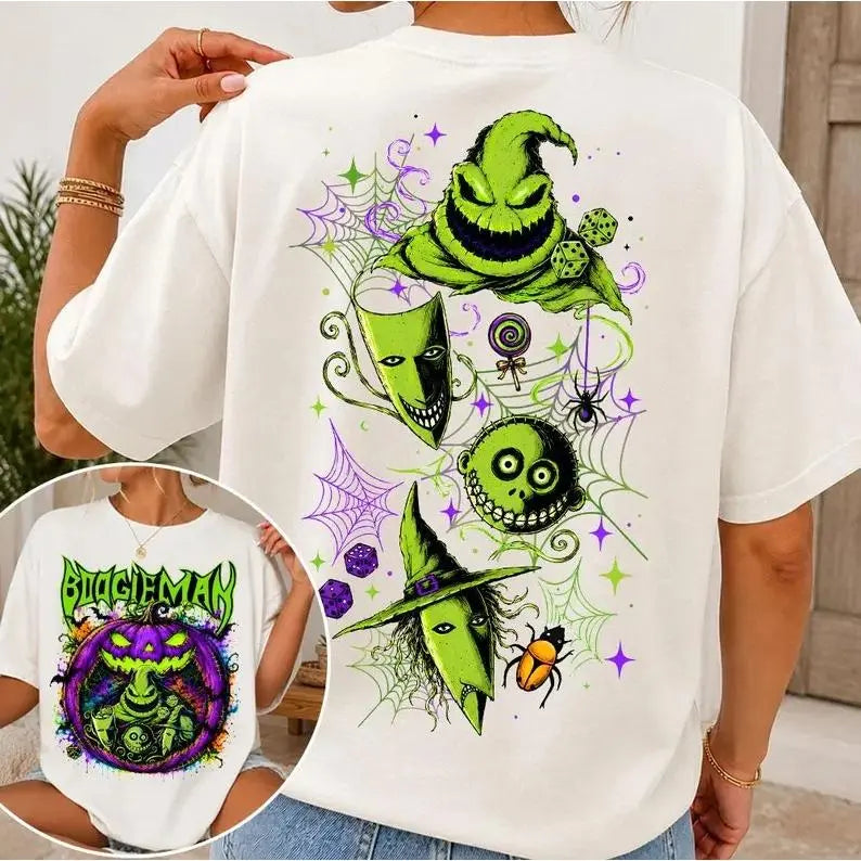 Welcome to Our Nightmare T-Shirt, Sweatshirt & Hoodie – Boogeyman Halloween Horror Graphic, Spooky Pumpkin & Scary Characters, Front and Back Print Halloween Gift