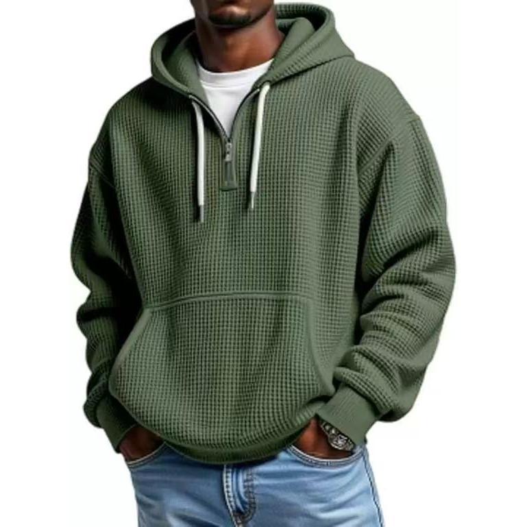 Men’s Waffle Knit Half-Zip Hoodie – Casual Textured Pullover with Kangaroo Pocket & Drawstring