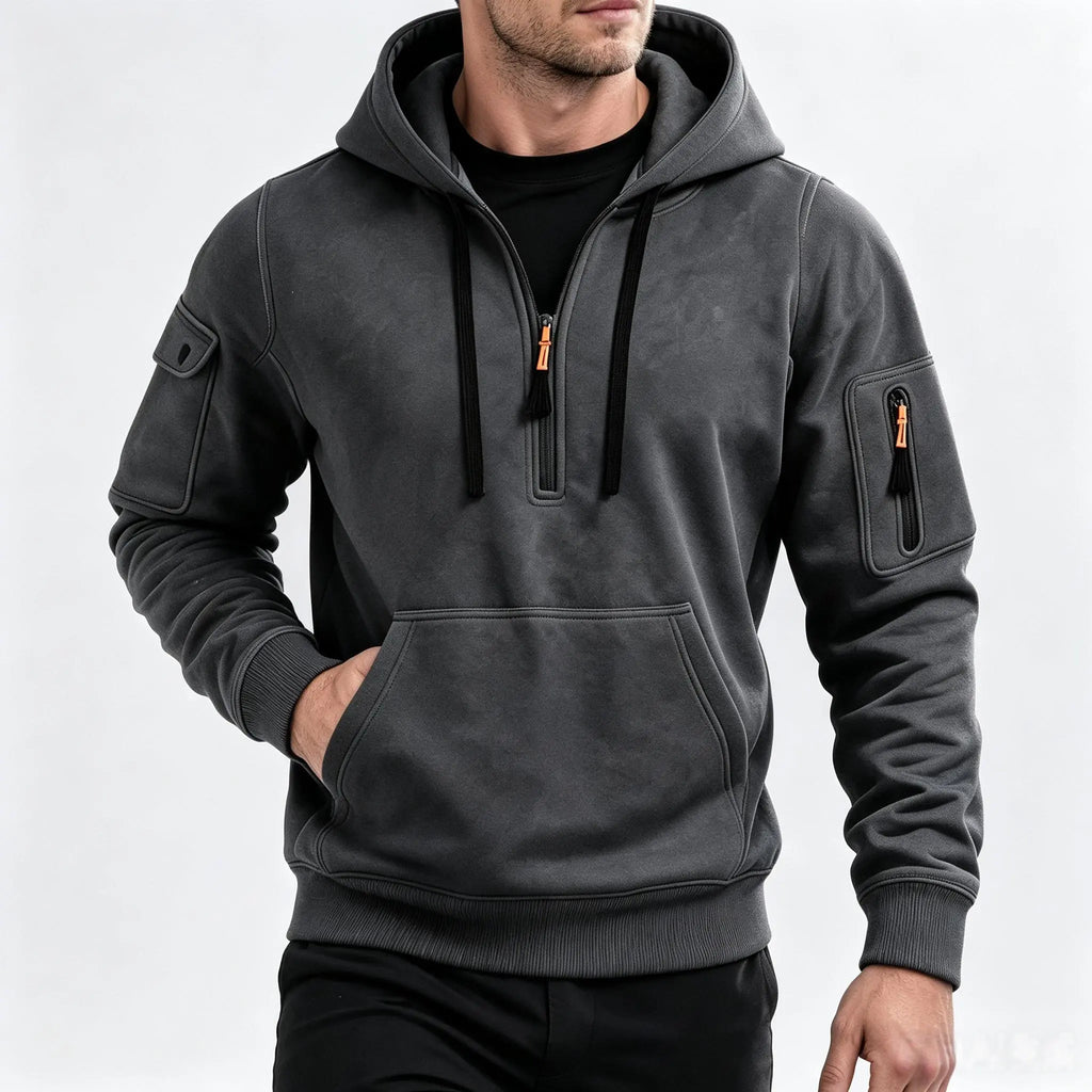 Men’s Fleece-Lined Utility Half-Zip Hoodie – Warm Workwear Pullover with Sleeve & Kangaroo Pockets