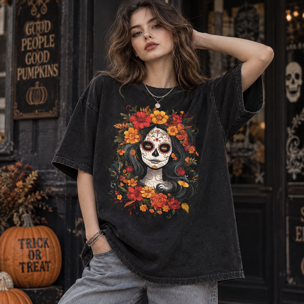 La Catrina Sugar Skull T-Shirt/Sweatshirt/Hoodie – Día de los Muertos Floral Graphic Tee