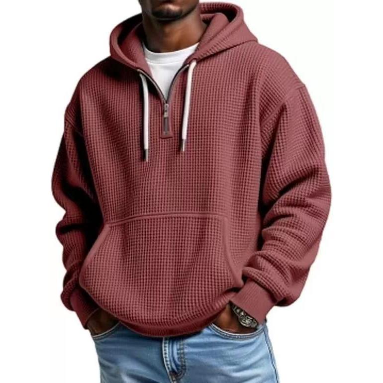 Men’s Waffle Knit Half-Zip Hoodie – Casual Textured Pullover with Kangaroo Pocket & Drawstring