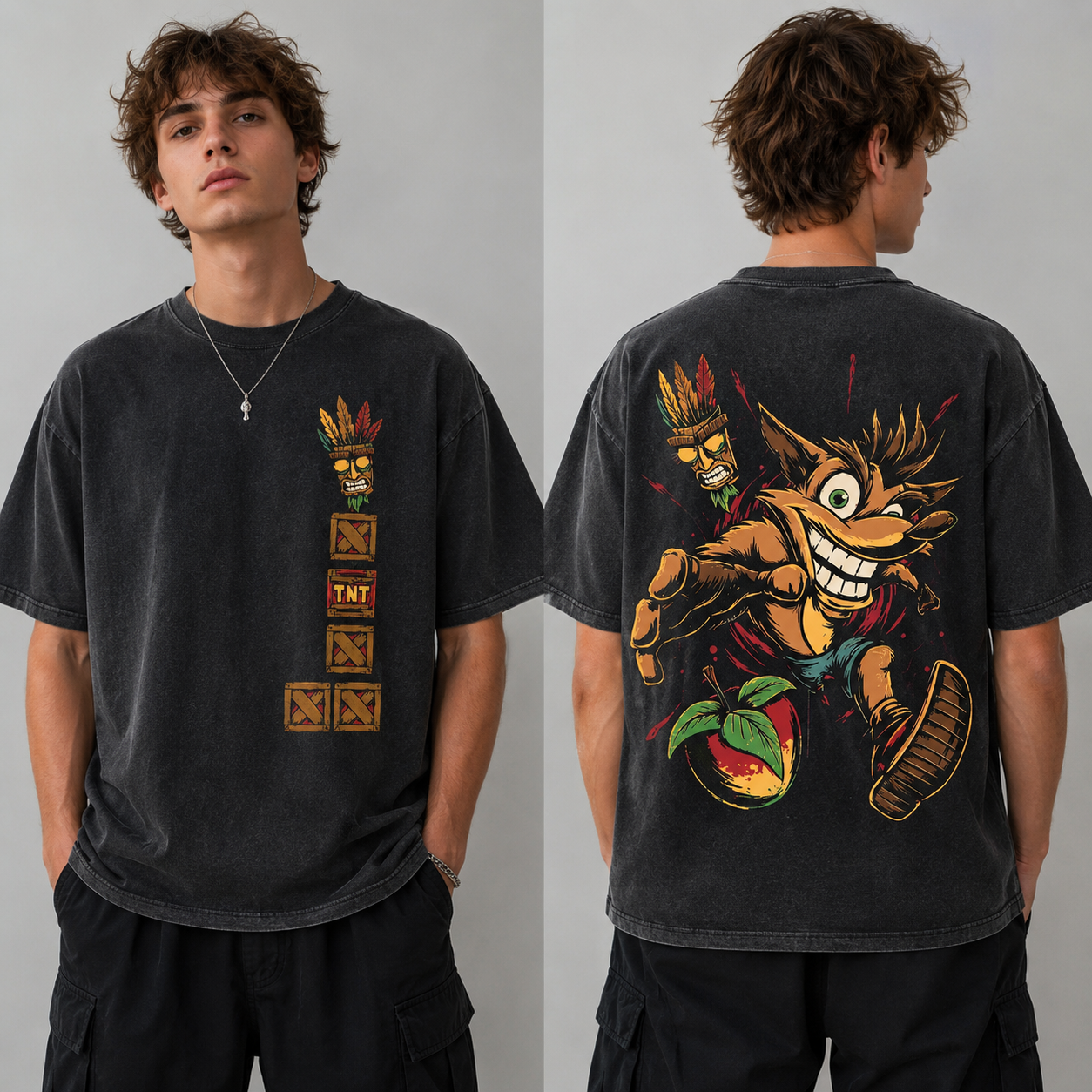 Crash Bandicoot Vintage Washed T-Shirt/Sweatshirt/Hoodie – Aku Aku Front & Back Graphic Tee, Retro Gaming Streetwear