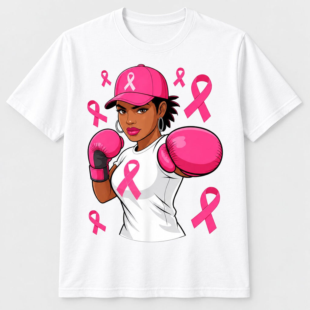 Breast Cancer Awareness Pink Ribbon Fighter Graphic T-Shirt, Sweatshirt & Hoodie – Strong Women Boxing Support Design