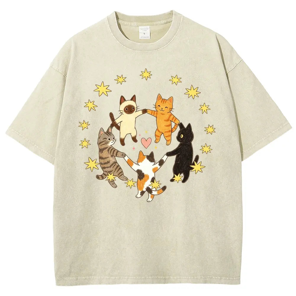 Dancing Cats Circle Graphic T-Shirt, Sweatshirt & Hoodie – Cute Cat Lover Star & Heart Graphic Top