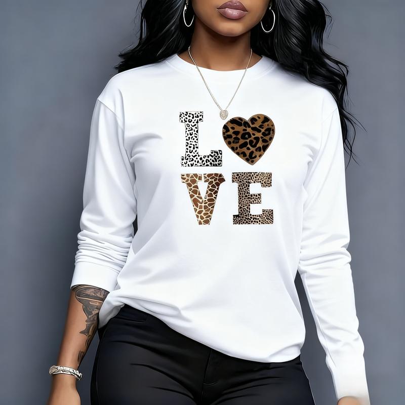 Leopard Print LOVE Long Sleeve Shirt/Sweatshirt/Hoodie – Women's Red Heart Graphic Casual Top