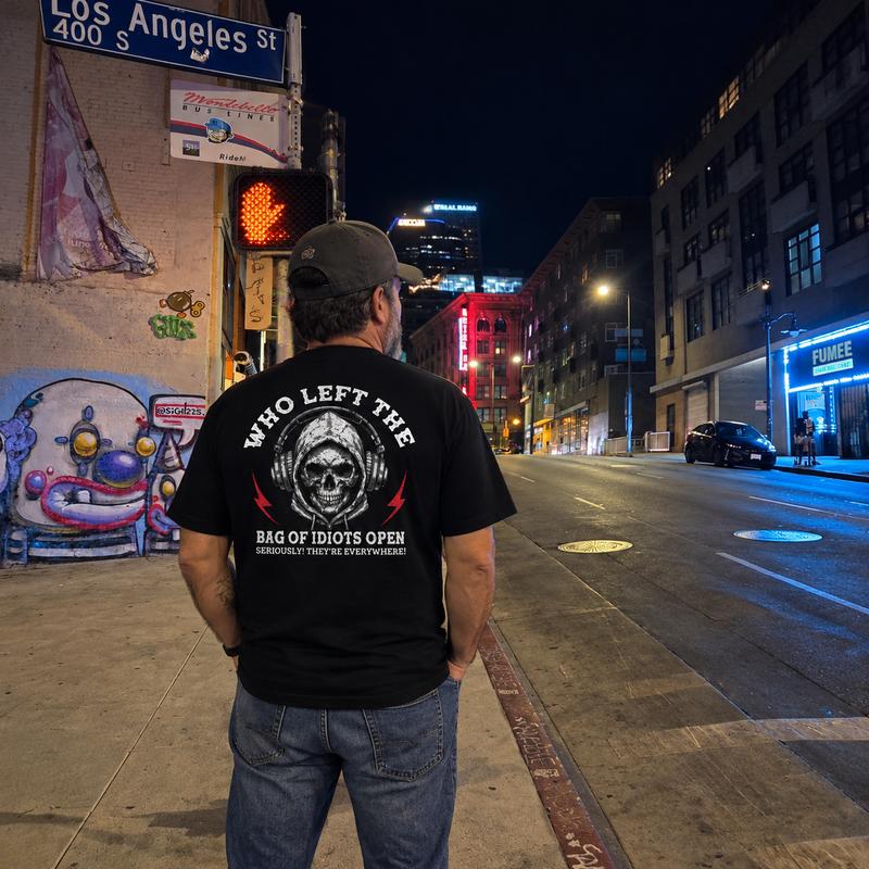 Who Left the Bag of Idiots Open? Sarcastic Skull Graphic T-Shirt, Sweatshirt & Hoodie