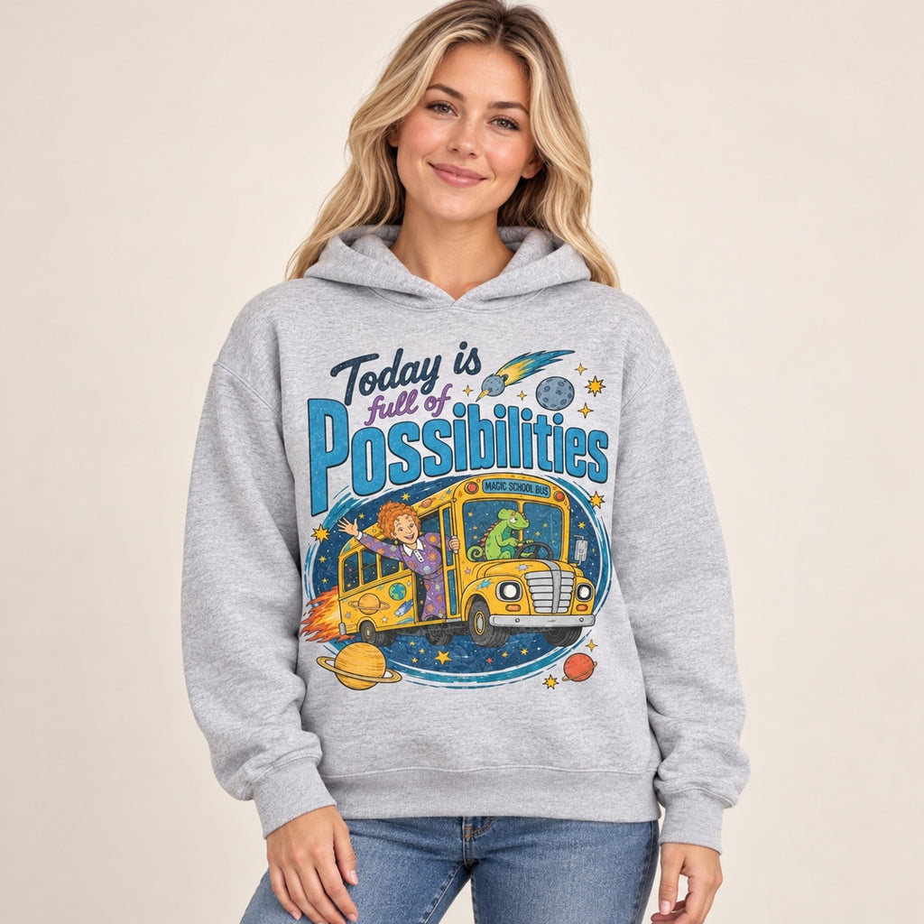 Magic School Bus Today Is Full of Possibilities Graphic T-Shirt, Sweatshirt & Hoodie – Retro 90s Teacher Cartoon Print