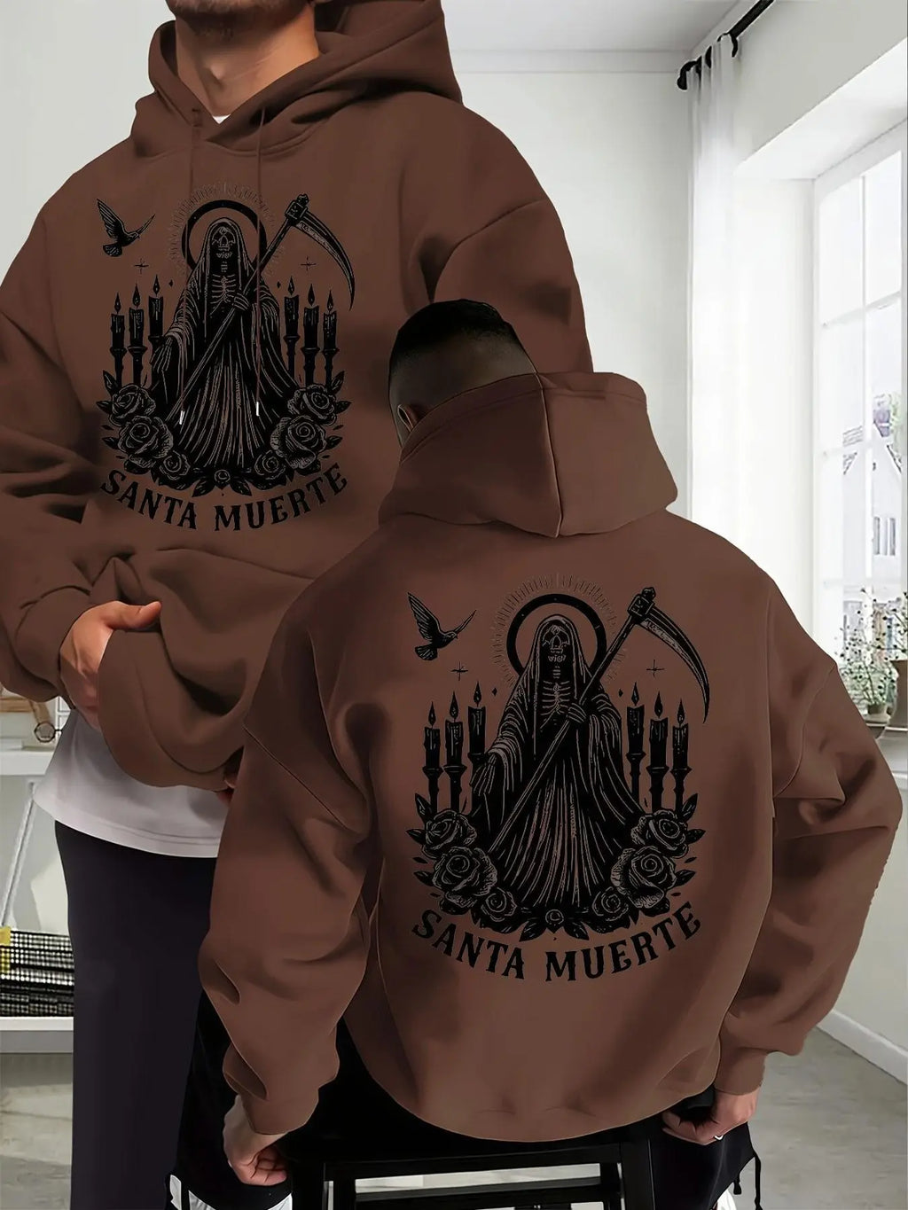 Santa Muerte Gothic Hoodie/Sweatshirt/T-shirt – Skull Rose & Scythe Front Back Graphic Pullover Sweatshirt