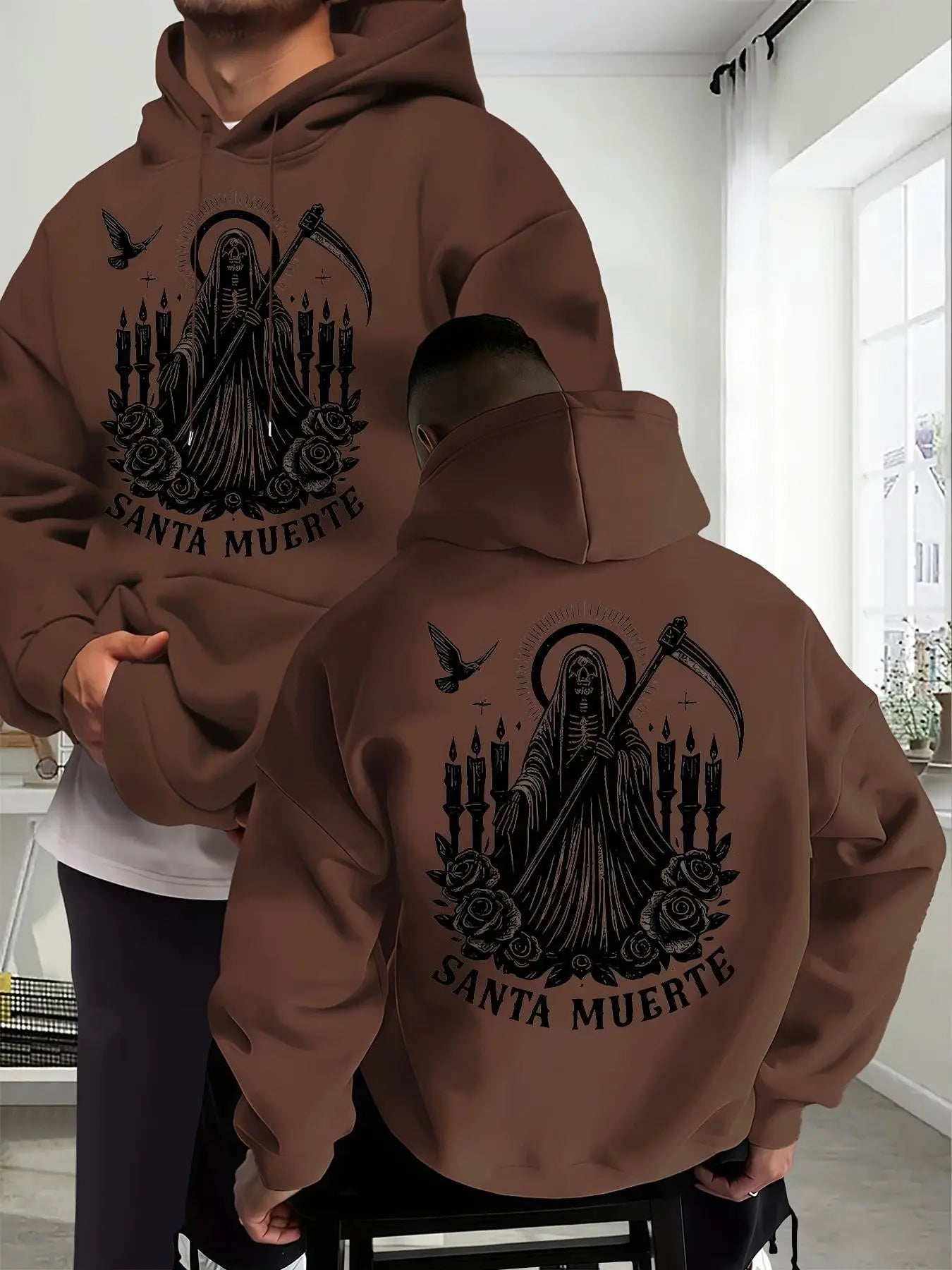 Santa Muerte Gothic Hoodie/Sweatshirt/T-shirt – Skull Rose & Scythe Front Back Graphic Pullover Sweatshirt