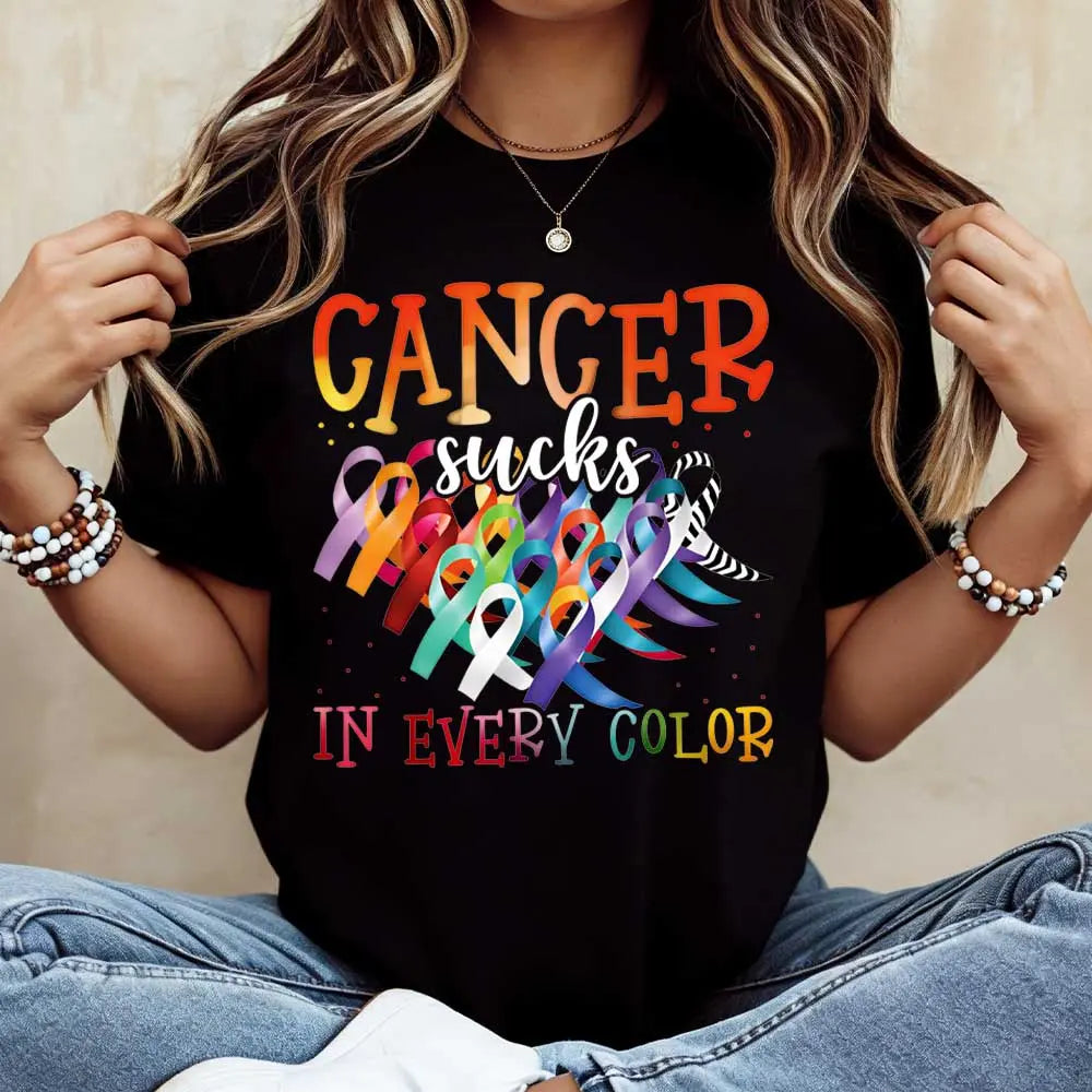 Cancer Sucks In Every Color T-Shirt/Sweatshirt/Hoodie – Multicolor Cancer Awareness Ribbon Graphic Tee