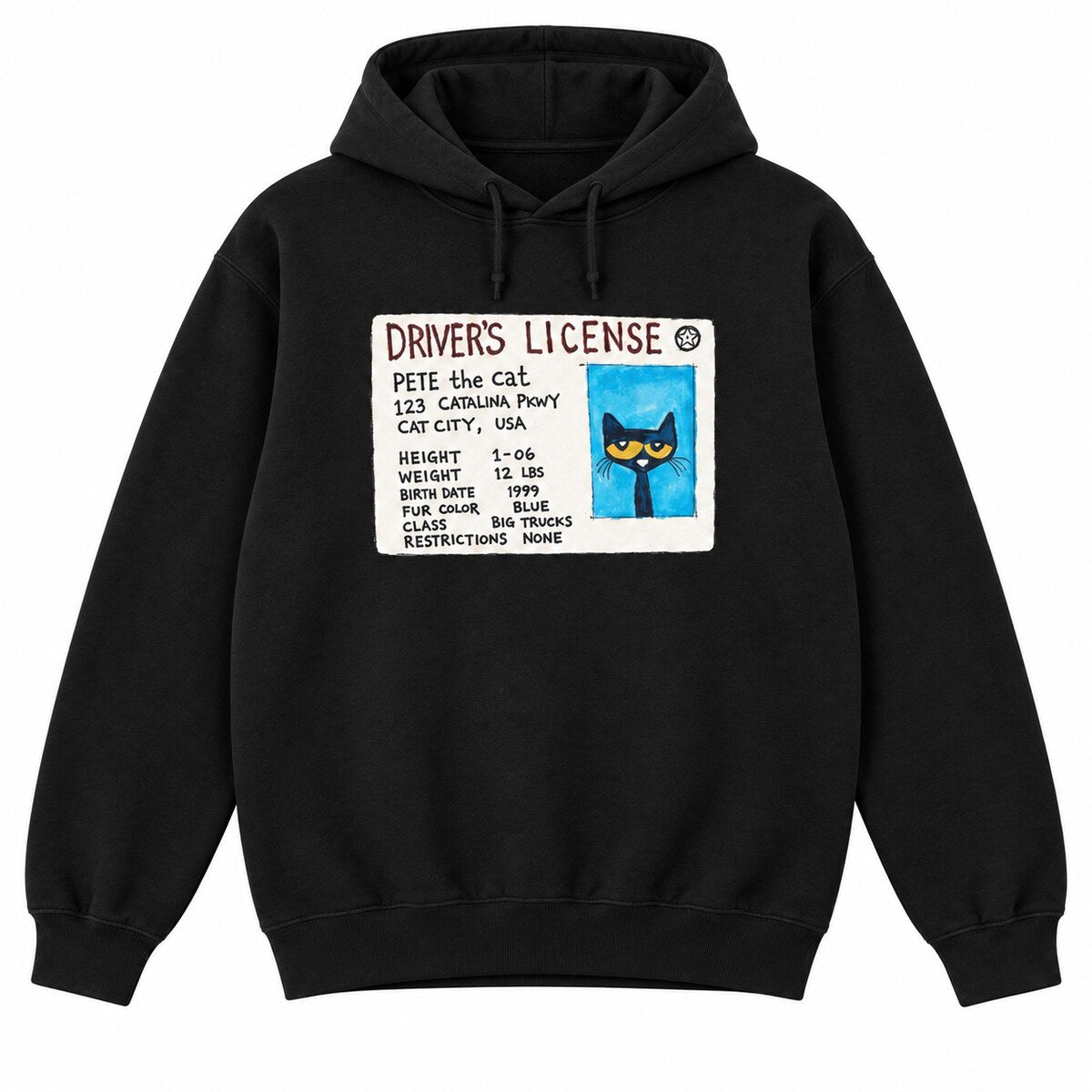 Pete the Cat Driver’s License Graphic T-Shirt, Sweatshirt & Hoodie – Funny Cartoon Cat ID Card Print, Back to School Humor, Retro Childhood Inspired Gift