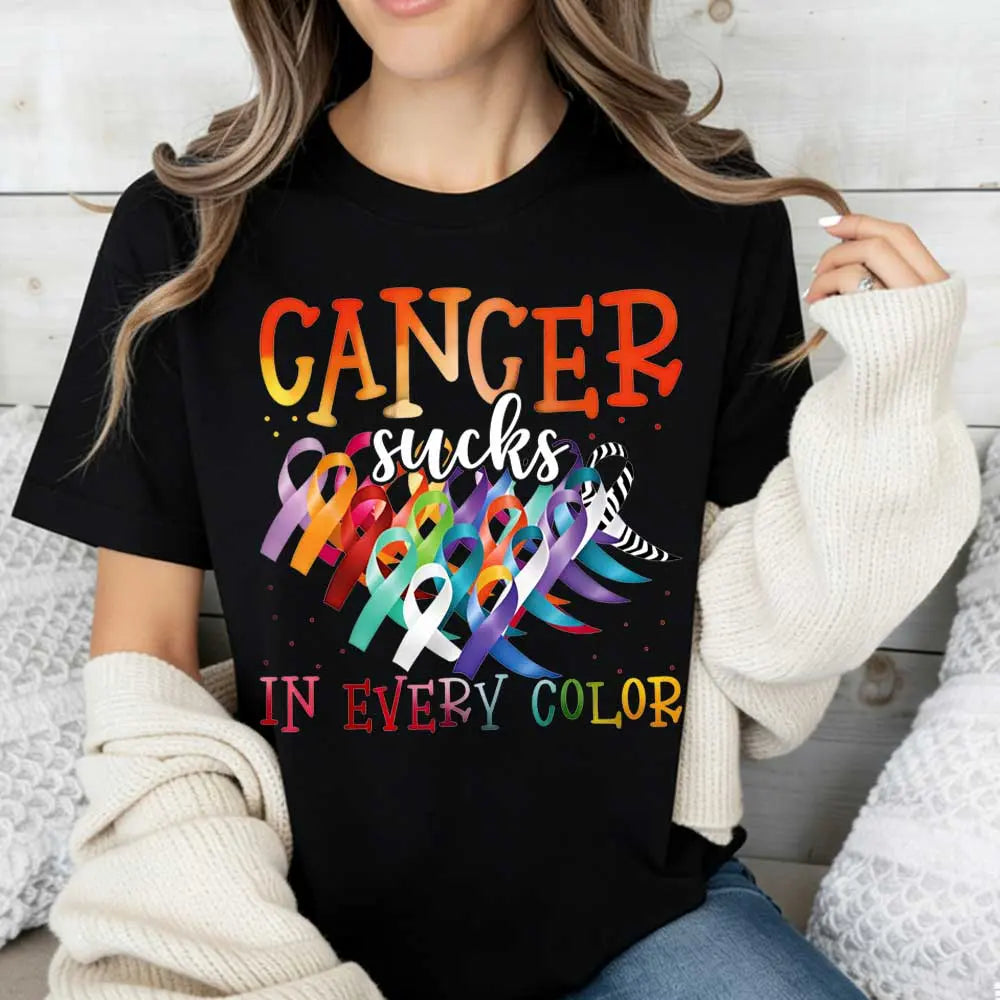 Cancer Sucks In Every Color T-Shirt/Sweatshirt/Hoodie – Multicolor Cancer Awareness Ribbon Graphic Tee