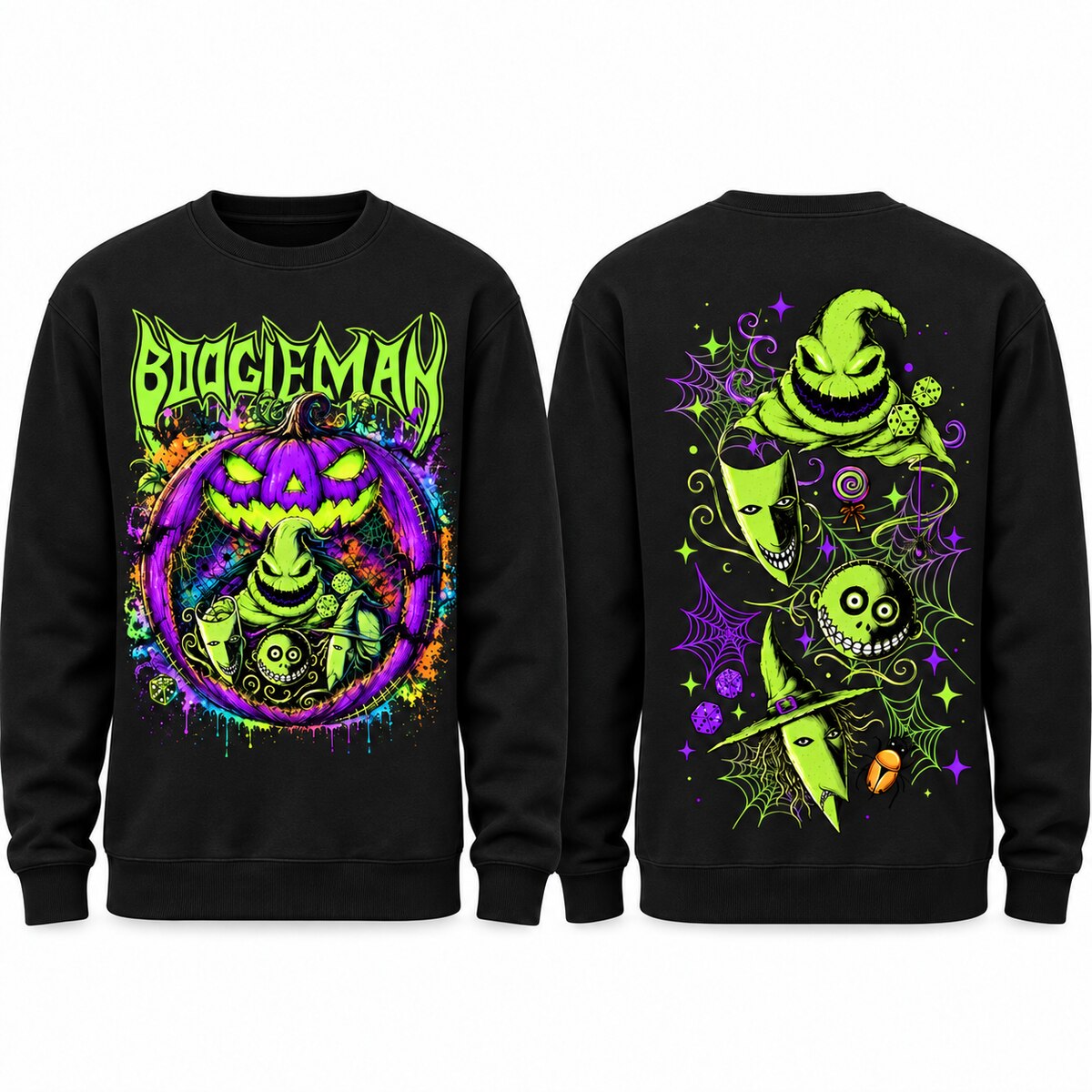 Welcome to Our Nightmare T-Shirt, Sweatshirt & Hoodie – Boogeyman Halloween Horror Graphic, Spooky Pumpkin & Scary Characters, Front and Back Print Halloween Gift