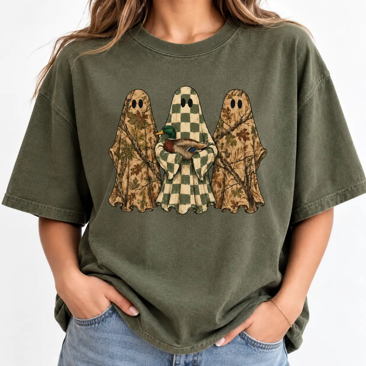 Hunting Season Ghost Shirt/Sweatshirt/Hoodie – Camo Ghost & Mallard Duck Halloween Graphic Tee