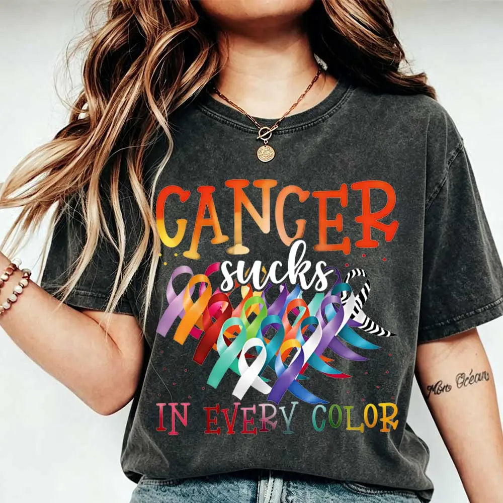 Cancer Sucks In Every Color T-Shirt/Sweatshirt/Hoodie – Multicolor Cancer Awareness Ribbon Graphic Tee