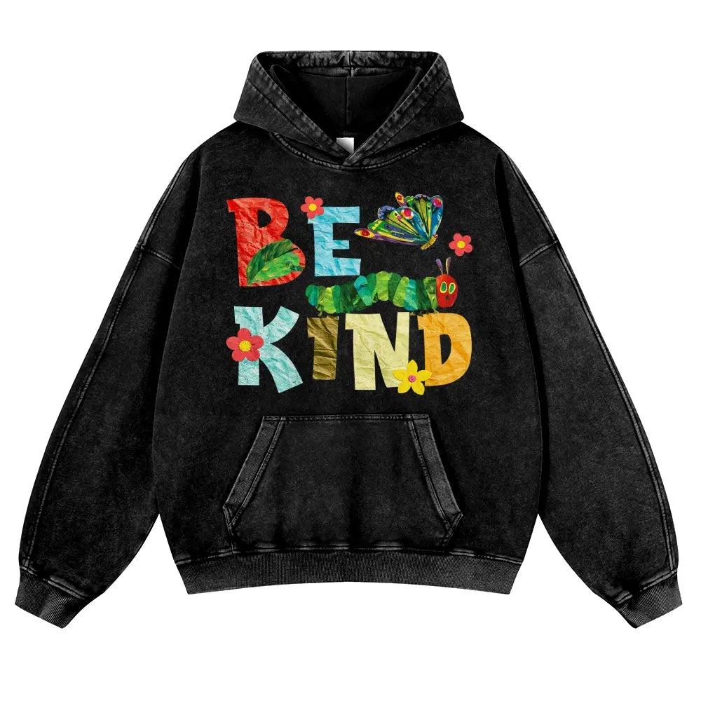Be Kind Caterpillar Graphic T-Shirt, Sweatshirt & Hoodie – Colorful Butterfly & Flower Collage Print, Positive Kindness Quote, Retro Cute Casual Graphic Top