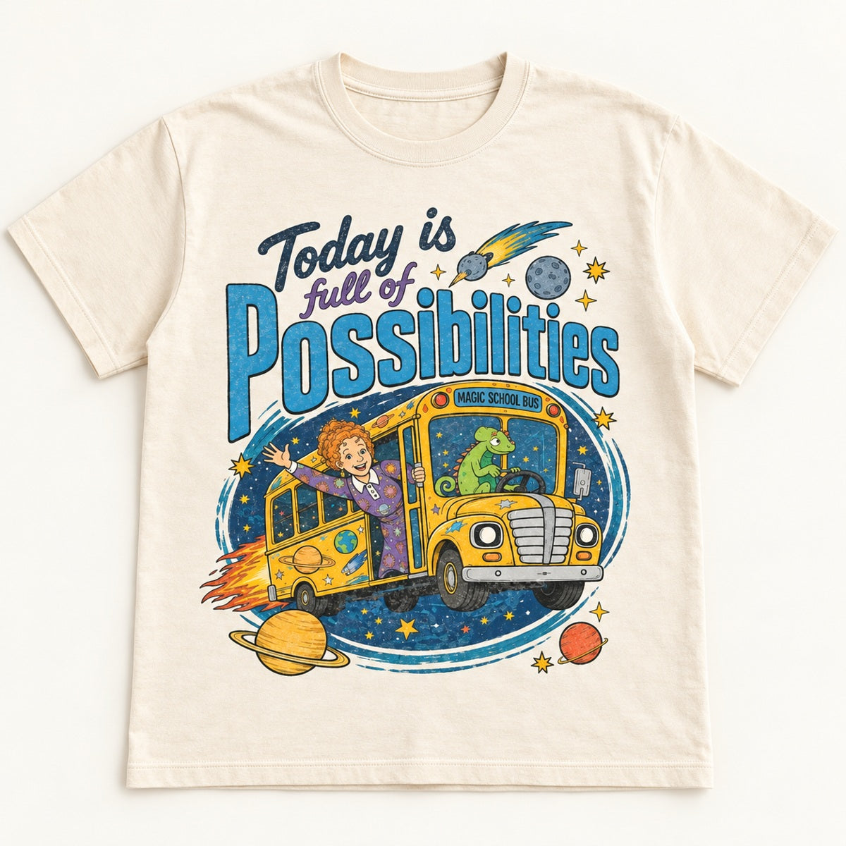 Magic School Bus Today Is Full of Possibilities Graphic T-Shirt, Sweatshirt & Hoodie – Retro 90s Teacher Cartoon Print